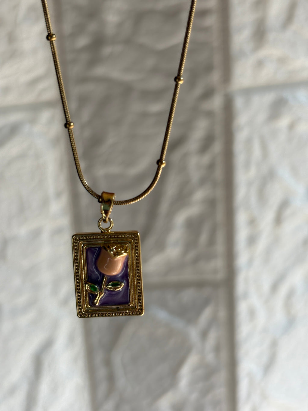 Framed Enamel Rose Pendant Necklace