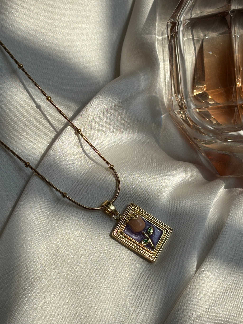 Framed Enamel Rose Pendant Necklace