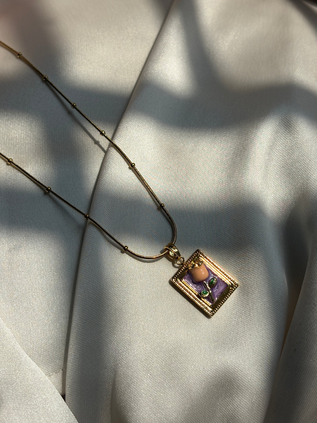 Framed Enamel Rose Pendant Necklace