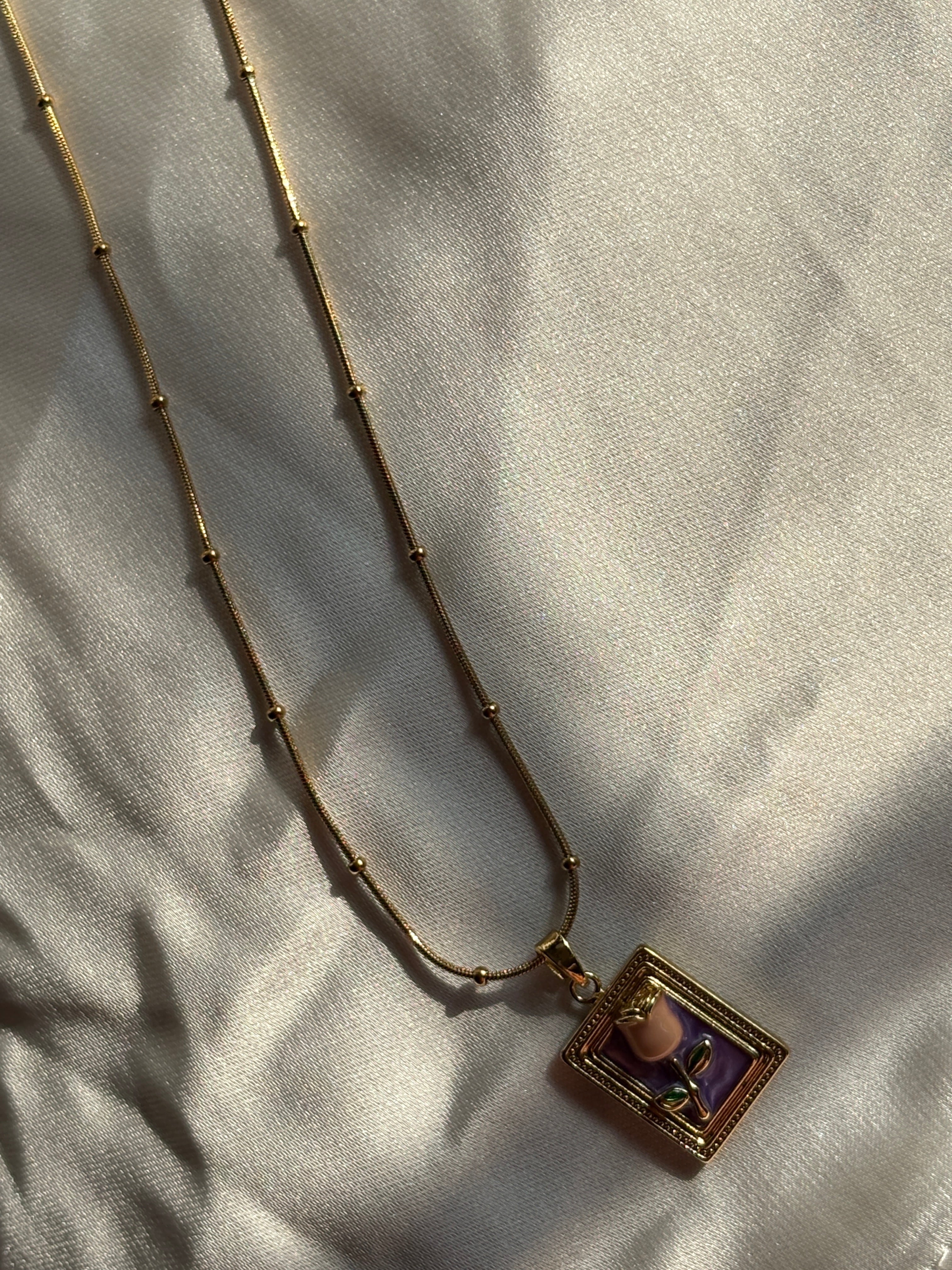 Framed Enamel Rose Pendant Necklace