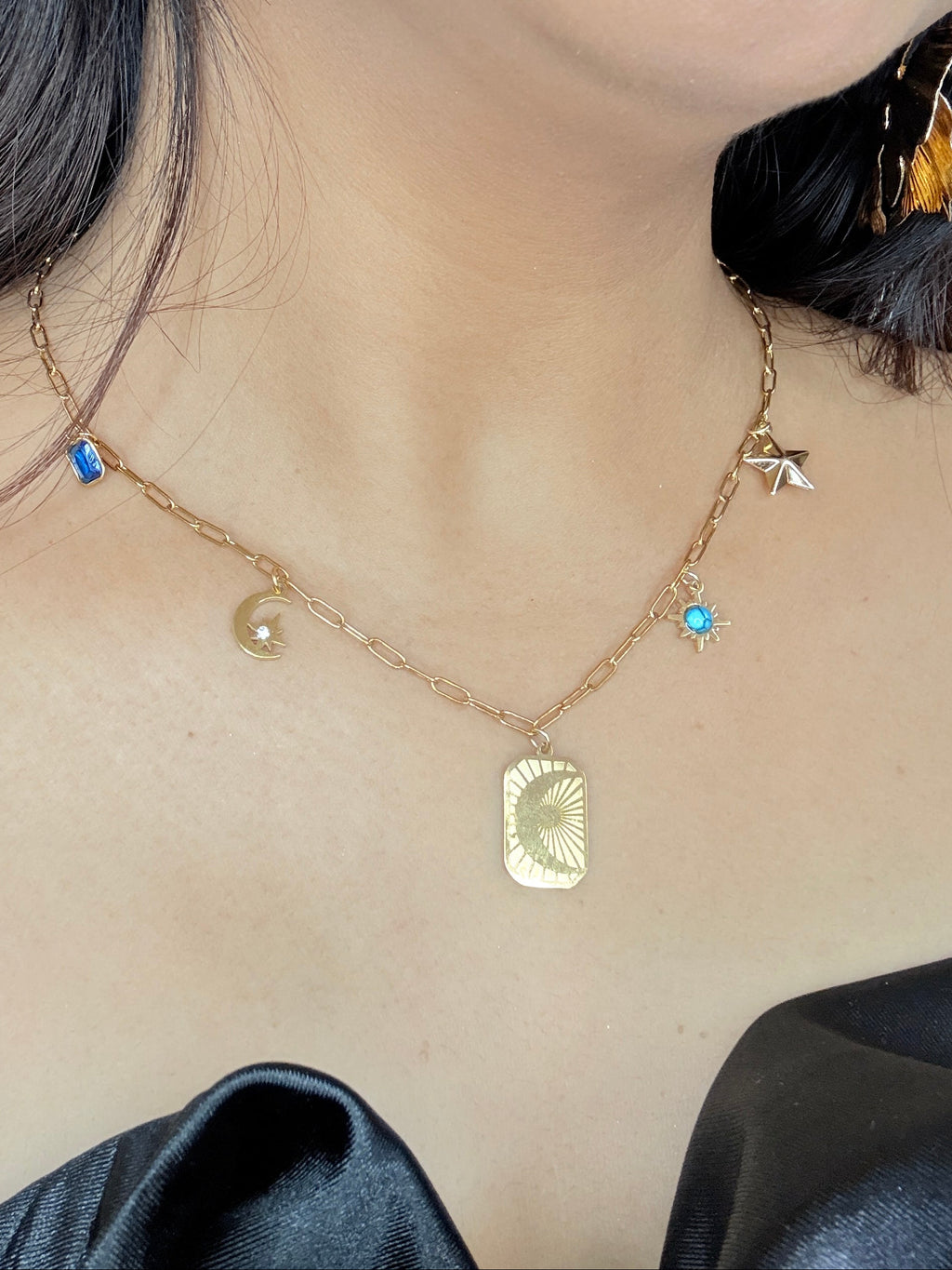 Dainty Multi-Charm Paperclip Chain Necklace