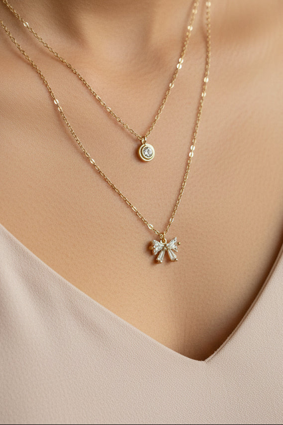 18k Gold Plated Shimmering Coquette Bow Double-Layer Necklace