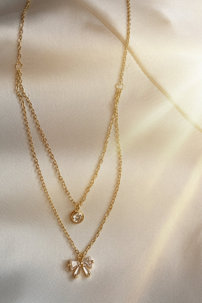 18k Gold Plated Shimmering Coquette Bow Double-Layer Necklace