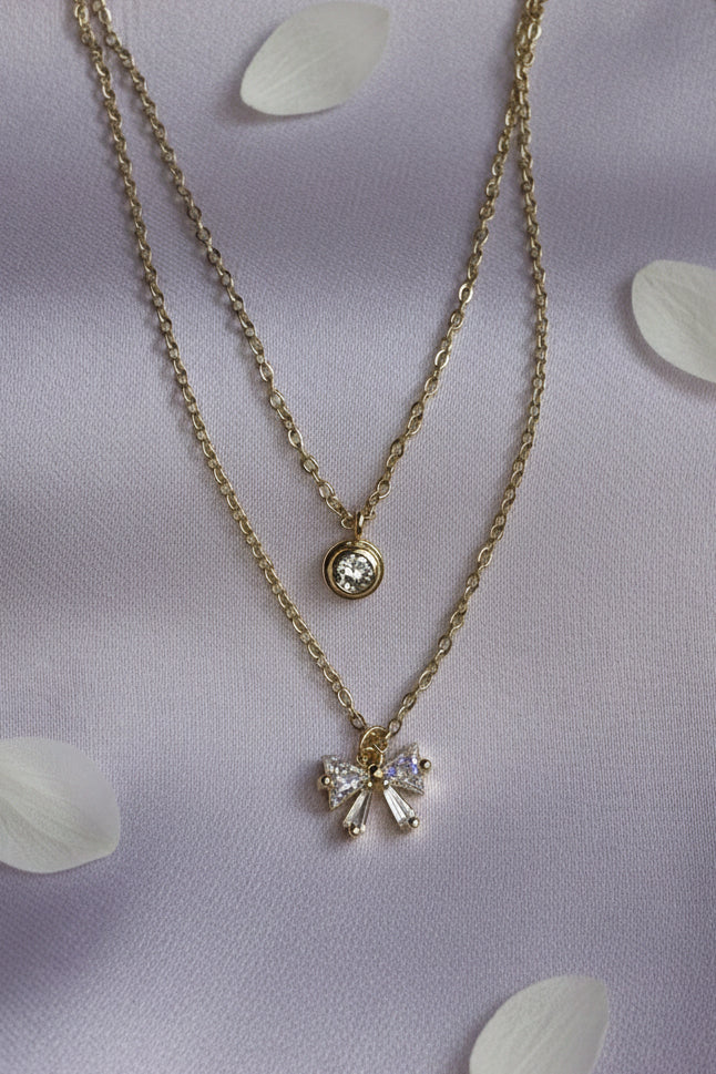 18k Gold Plated Shimmering Coquette Bow Double-Layer Necklace