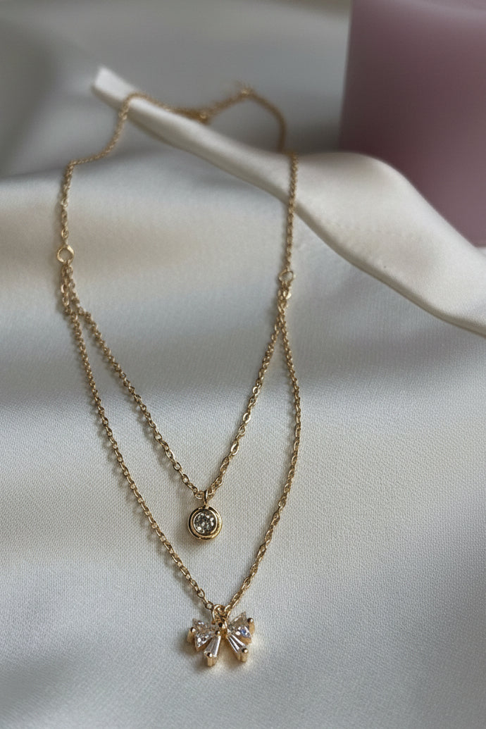 18k Gold Plated Shimmering Coquette Bow Double-Layer Necklace