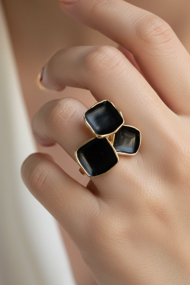 Black Enamel Triple-Square adjustable Ring