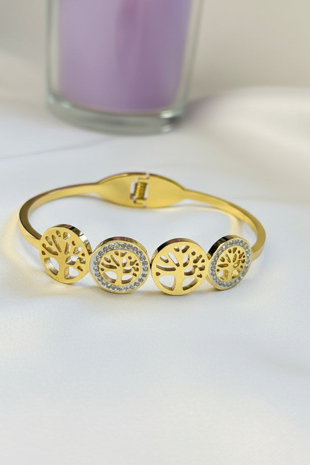 18k Gold Plated Sacred Tree of Life Multi-Medallion Bangle Bracelet
