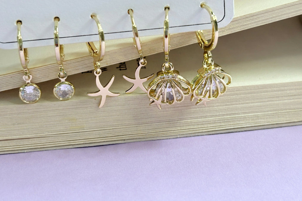 Oceanic Charm 18k gold plated Huggie Set