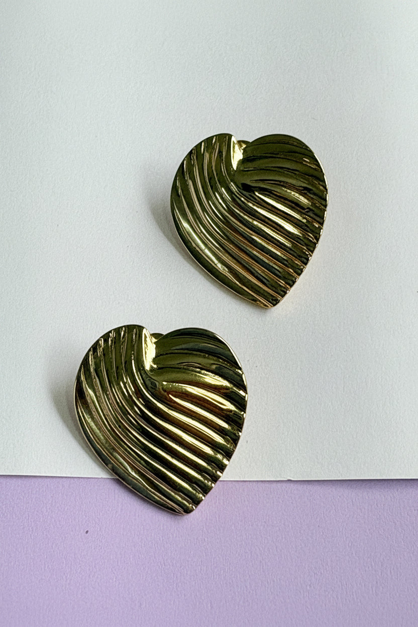 Ribbed Heart Anti-Tarnish Statement Studs