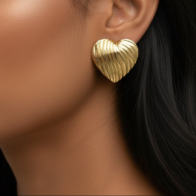 Ribbed Heart Anti-Tarnish Statement Studs