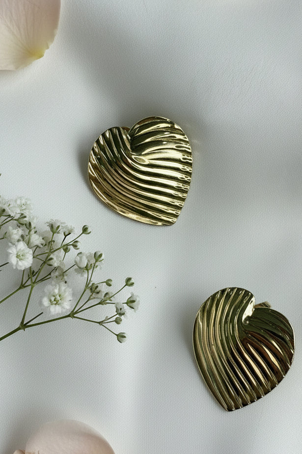 Ribbed Heart Anti-Tarnish Statement Studs
